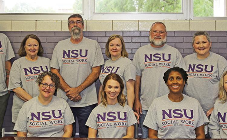 Faculty from NSU’s Department of Social Work met to discuss the recently-approved Master of Social Work degree program. Seated from left are Lisa Mount, Kirby Peddy, Dr. MaryAnne Candley and Dr. Susan Campbell, interim department chair. On the back row are Dr. Andrew Fultz, Denise Bailey, Byron McKinney, Dr. Jennifer Shaw, Randy Hoffpauir, Jessica Fultz and Morgan Durr.