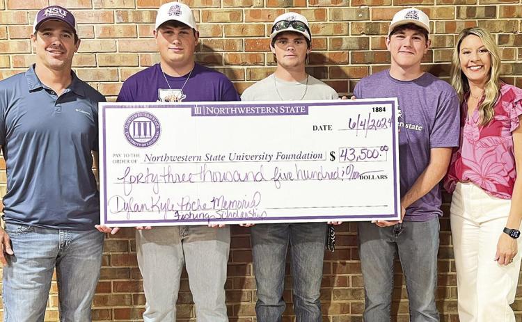 This year’s Dylan Kyle Poche Memorial Bass Tournament raised $43,500, to support the NSU Fishing Team and scholarships for incoming anglers. From left are Burt Poche, Colin Cosenza, Caleb Johnson, Ayden Slack and Shelley Poche.