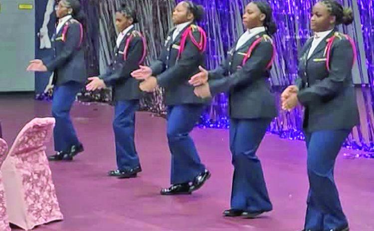 The Natchitoches Central Junior ROTC Unarmed Drill Team performed at the Summer Tea fundraiser for the Natchitoches Coalition on Homelessness Aug. 29. The student cadets also earned a thirdplace award for their table decorations and donated $240 to support the organizations work to fight homelessness. From left are Amaris Green, Journey Arthur, Ky’lia Miller, Amia Randolph and Asialyn McNulty.