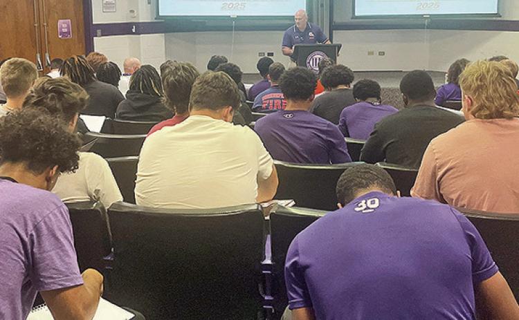 Head coach Blaine McCorkle addresses the Northwestern State football team Monday afternoon. Photo by Jason Pugh/NSU Sports Information