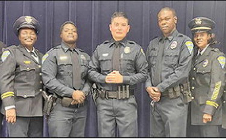 The Natchitoches Police Department has three new officers who graduated from the Alexandria Regional Police Academy. The three new officers are Frederick Nichols, Ashton Cheng, and RaLonzo Lacey. They spent several grueling months at the Academy and will participate in the Natchitoches Police Department’s field training program to gain more experience. From left are Chief Nikeo Collins, Capt. Jessica Williams, Nichols, Cheng, Lacey, Capt. Susan Johnson and Capt Billy Meziere.
