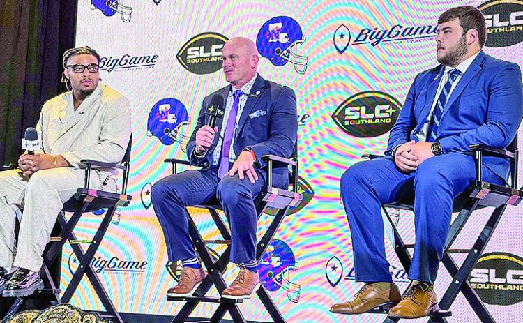 From left are Defensive end Cam George, head coach Blaine McCorkle and center Caleb Billiot speak at Monday’s Southland Conference Opening Drive event in San Antonio. Photo by Brad Welborn/NSU Sports Information