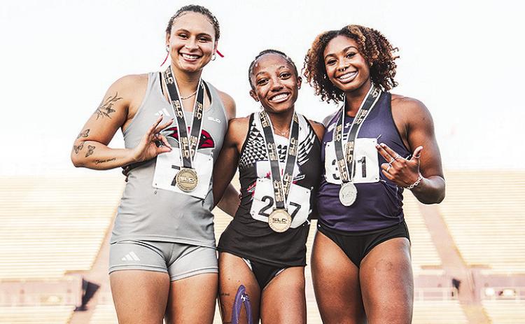 For the third consecutive time, Samari Finney (pictured, middle) took home the gold medal after winning it in this indoor season and the 2025 outdoor season. It highlighted a strong first day of competition at the Southland Conference Championships.