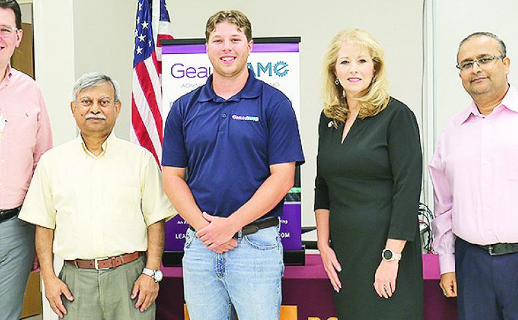 Pictured from left are Joseph Brownlee, Dean of Science, Technology, Engineering and Mathematics; Dr. Atm Islam, Advanced Manufacturing Instructor; Brennan Lonadier, GeauxFAME Graduate; Dr. Holly French-Hart, Provost/Vice Chancellor for Academic Affairs and Institutional Effectiveness; Dr. Nabin Sapkota, Advanced Manufacturing Instructor.
