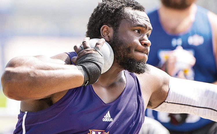 After winning the javelin June 21, Djimon Gumbs came back the next day and won the shot put, posting an all-comers record with a toss of 19.50 at the BVI Championships. Photo by Southland Conference