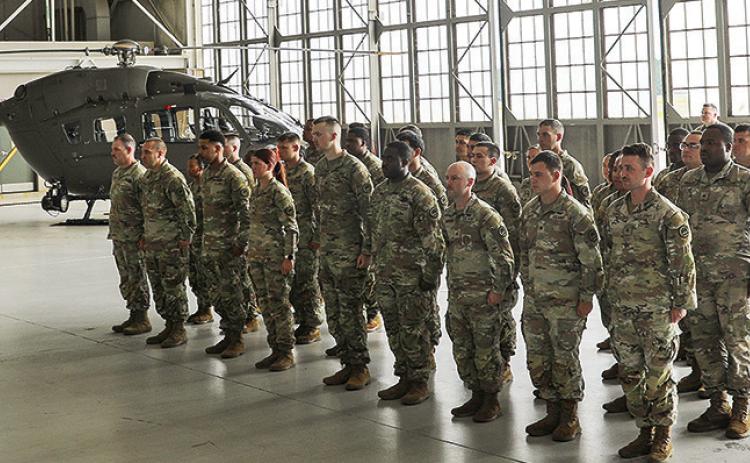 Soldiers from the 204th Theater Aviation Operation Group stand in formation during a departure ceremony at the Army Aviation Support Facility at Esler Army Airfield in Pineville, La., on Sept. 6, 2025. Approximately 45 Soldiers with the 204th TAOG will conduct mobilization training at Fort Hood, to hone their skills before deploying to Africa to support missions led by U.S. Army Europe and Africa. U.S. Army National Guard photo by Sgt. 1st Class Scott D. Longstreet