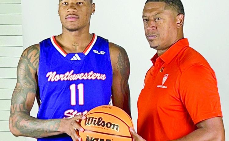 Northwestern State’s Justin Wilson (left) and head coach Rick Cabrera pose for a photo during Tuesday’s Southland Conference Media Day at Coushatta Casino in Kinder. Photo by Brad Welborn/NSU Sports Information