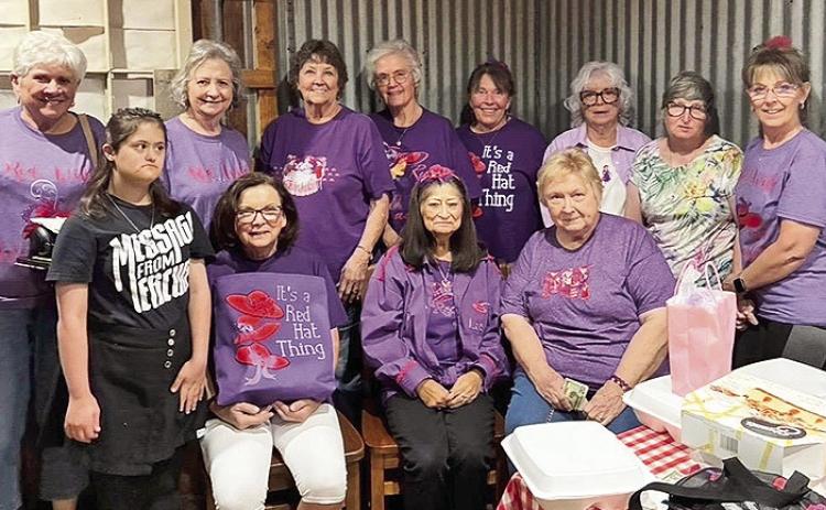 The Natchitoches Red Hat Sisters went to the Trail Boss Aug. 11, to celebrate the July and August birthdays, Those having birthdays July were: Wanda St. Andre, Becky Ham, and Celidora Peltier and in August was Joan Sheffield. Those attending were front row from left, Faith Clark, Debbie Waskom, Liz Durr and Mary Jane Wright. Standing are Carol O’Quinn, Mary Fosson, Betty Whitehead, Donna Masson, Becky Ham, Pete McCorkel, Cindy Stevenson and Celidora Peltier.