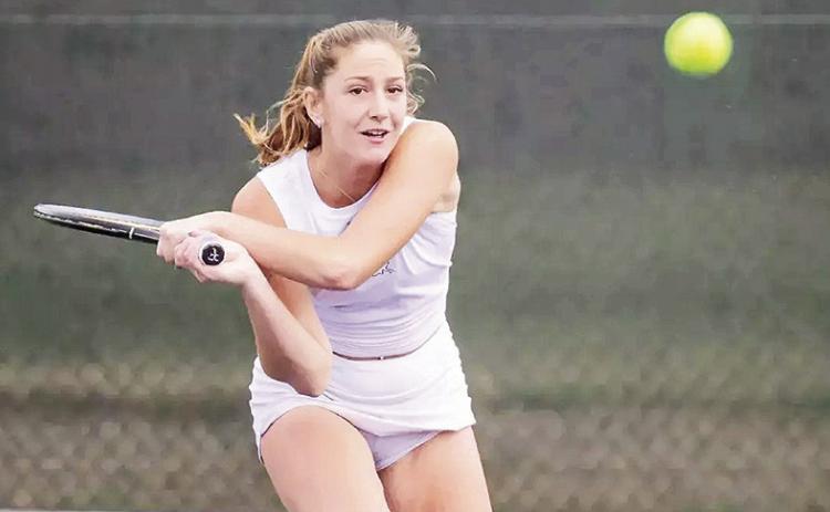 Zoi Spyrou, junior, picked up her first win in doubles versus South Alabama at the Bruce David Lubel Memorial Tennis Courts Photo by Chris Reich, NSU Photographic Services