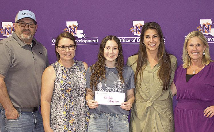 Chloe Hudson is this year’s recipient of the Luther W. Lott Sr. Memorial Scholarship. From left are parents Allen and Jennifer, Chloe Hudson, Lott Oil Director of Marketing Camille Lott and NSU Director of Development Jill Bankston.