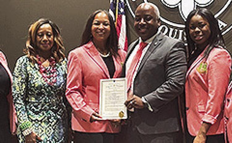 The City Council declared Feb. 9 AKA Day. Alpha Kappa Sorority Inc. is the oldest Greek letter organization established in 1908 at Howard University in Washington , D.C. Members of the Rho Beta Omega Chapter Inc. in Natchitoches chartered Aug. 29, 1987. From left are members Linda Page and Councilperson-at-Large Betty Smith-Kirkendoll, President LaVora Wilson, Mayor Ronnie Smith Jr. and members Tiffany Williams and Wanda Wynder.