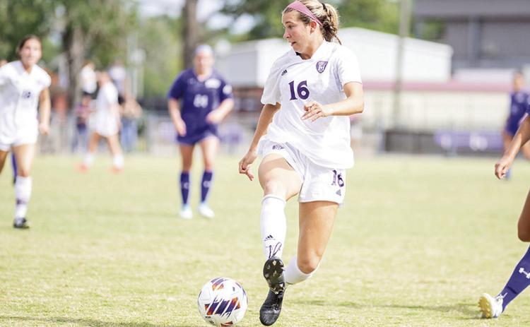 Emme’ Fernandez scored to tie the game in the second half before tallying the clinching goal in the penalty kicks in the quarterfinals. She leads the team against league champion Lamar on Friday in the semifinals of the conference tournament. Photo by Chris Reich, NSU Photographic Services
