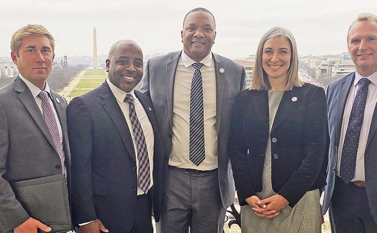 Natchitoches and Northwestern State University leaders joined others from around Louisiana in Washington, D.C., last week, where amid Mardi Gras festivities, the serious work of meetings, discussions and networking took place. From left are Dr. Drake Owens, vice president of External Affairs; Natchitoches Mayor Ronnie Williams Jr., NSU President Dr. Marcus Jones, Laura Lyles, president of the Natchitoches Chamber of Commerce, and Dr. Greg Handel, NSU provost and vice president of Academic Affairs.