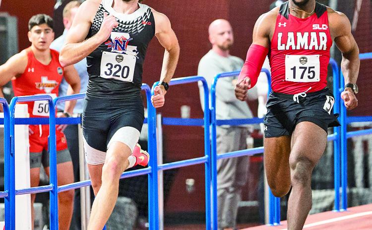 Will Achee, at left, proved there would be no sophomore slump, as he kicked off his second season at Northwestern State with an indoor school record, highlighting day one of the Corky Classic. Photo by Ethan Lowe, Samford