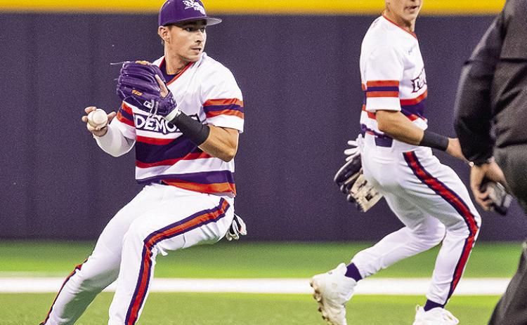 Freshman infielder Brock Davis (left) homered for the third time in the weekend series Sunday at Central Arkansas. Photo byChris Reich/NSU Photographic Services